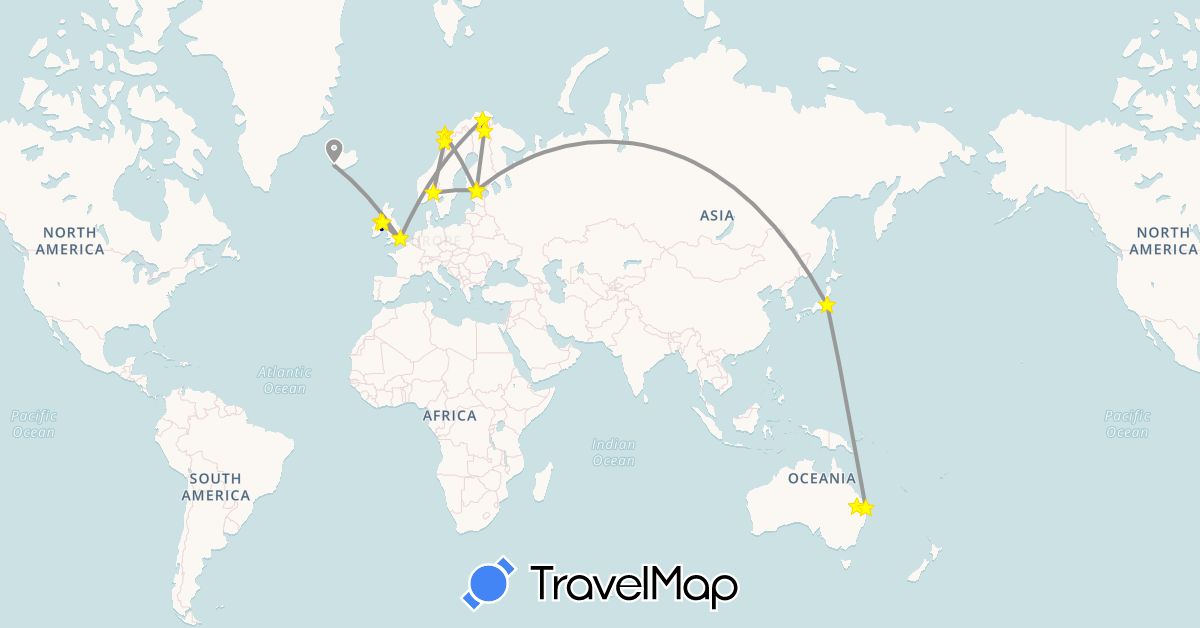 TravelMap itinerary: driving, plane in Australia, Finland, United Kingdom, Ireland, Iceland, Japan, Norway (Asia, Europe, Oceania)
